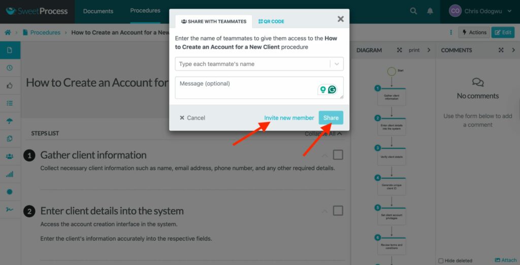 Click “Invite new member” to share it with someone who’s not already on your team. Follow the prompt and then click “Share.”