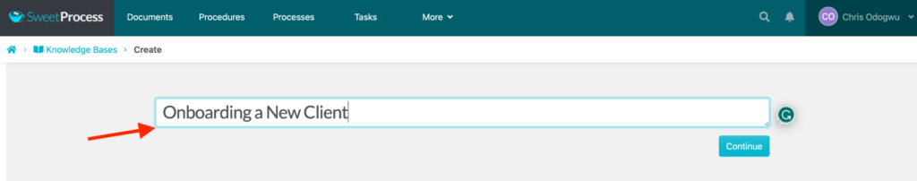 Enter the title of the knowledge base and click “Continue.”
