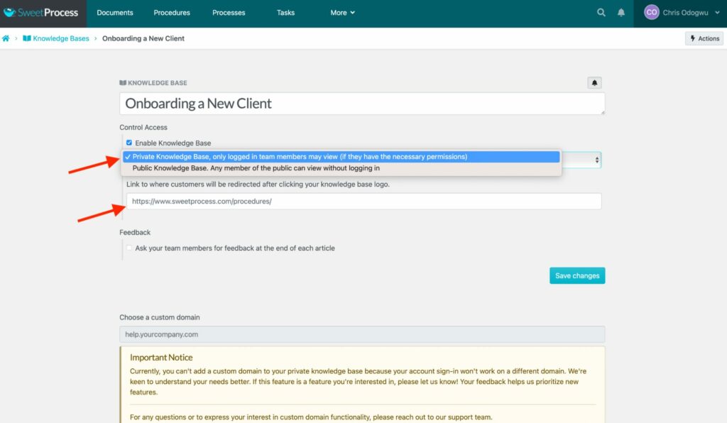 Enter the page URL to redirect users when clicking the knowledge base title.