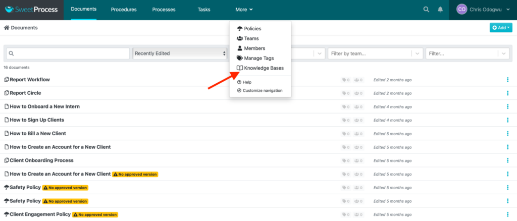 Click “More” and “Knowledge Bases.”