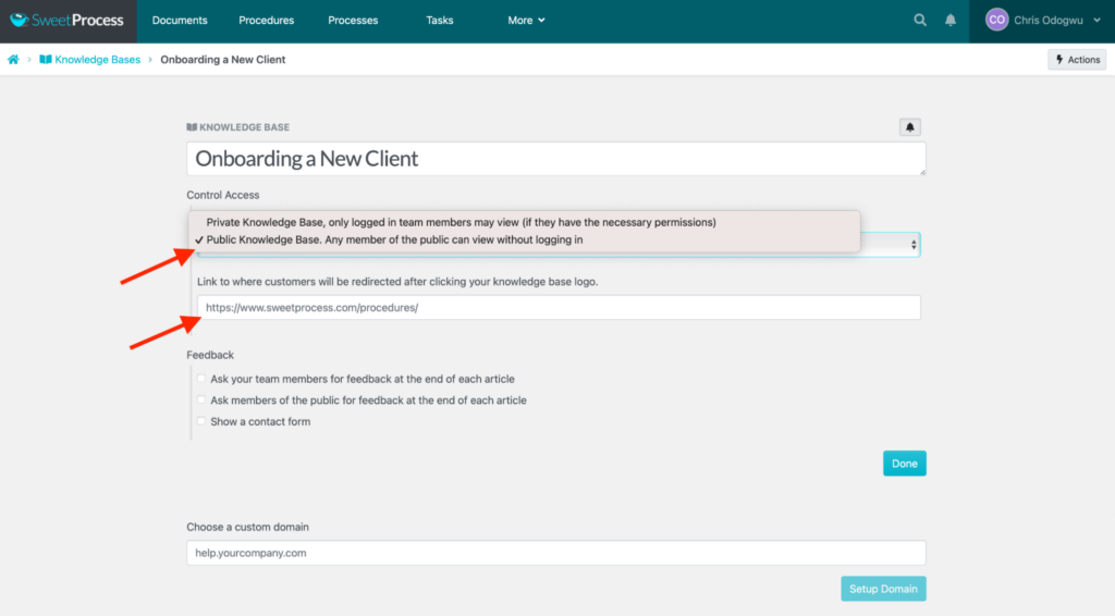 Enter the page URL to redirect customers who click the knowledge base title.
