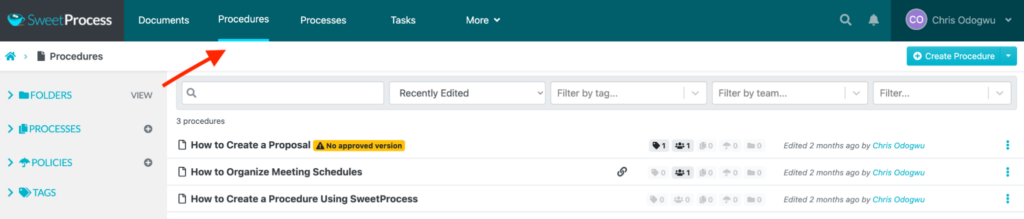 user's dashboard with tabs, click the procedure tab