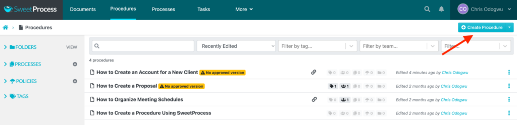 user's dashboard with tabs, click the create procedure button