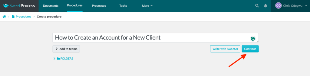 Enter the procedure title and click “Continue.”