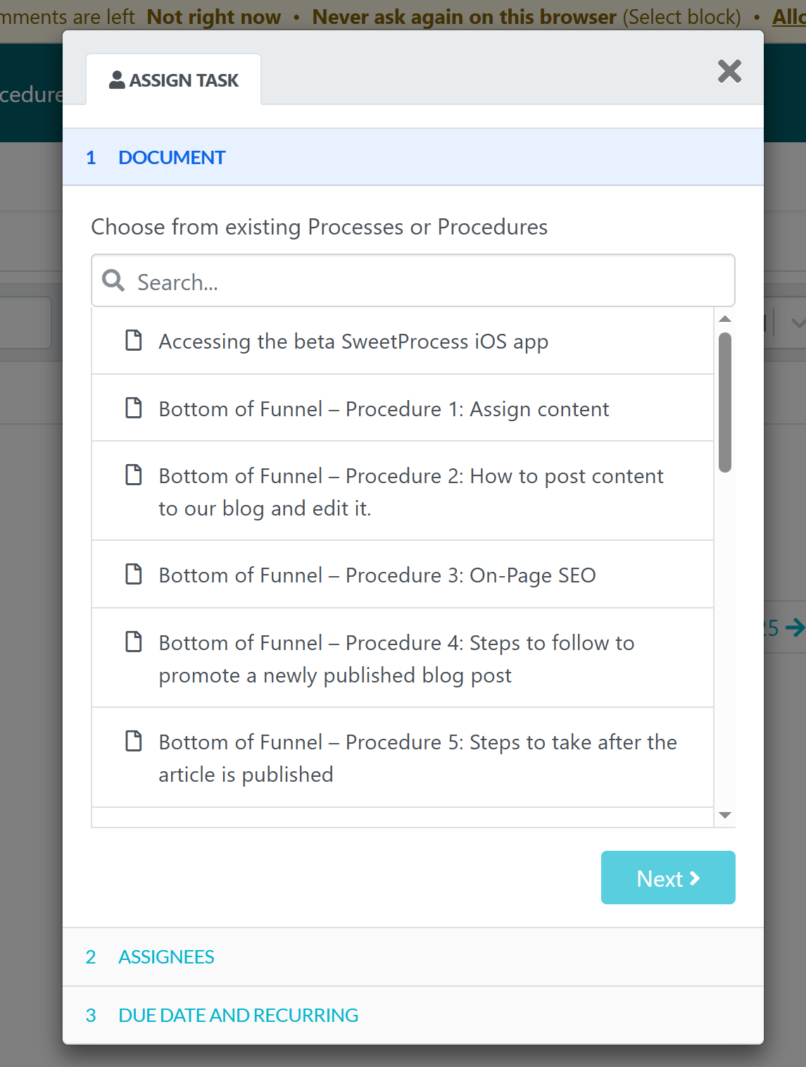 select the procedure you want to assign and click "Next"