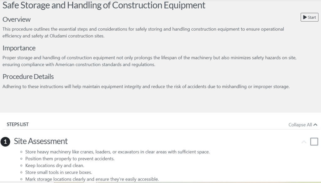 an example of a safe storage and handling of construction equipment SOP