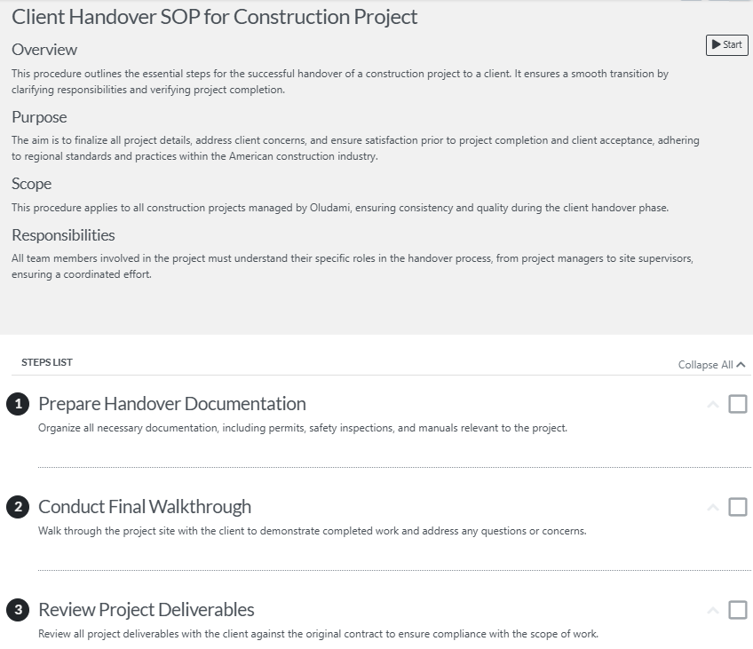 an example of a typical client handover SOP