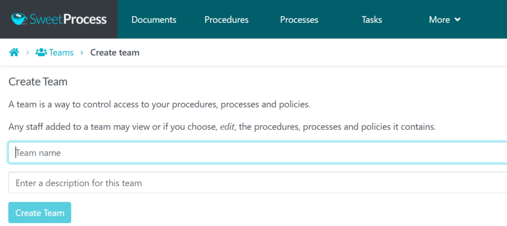 Enter a name and description for your team and click on “Create Team.”