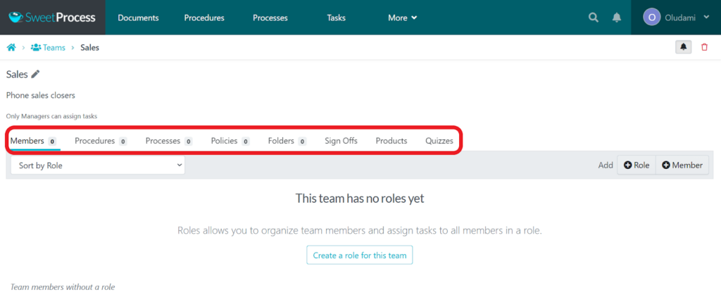 use the tabs in the menu on your team section to add and manage members