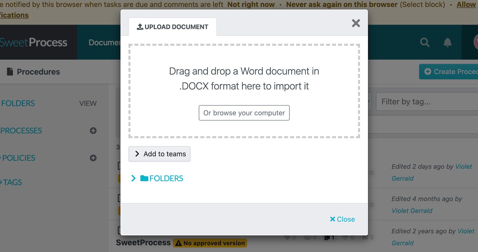 Select the document and import it into SweetProcess