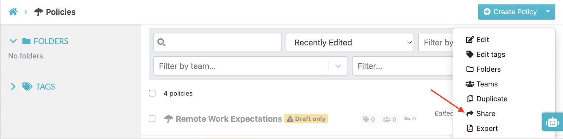 Select the policy you want to distribute from the dashboard and share it.