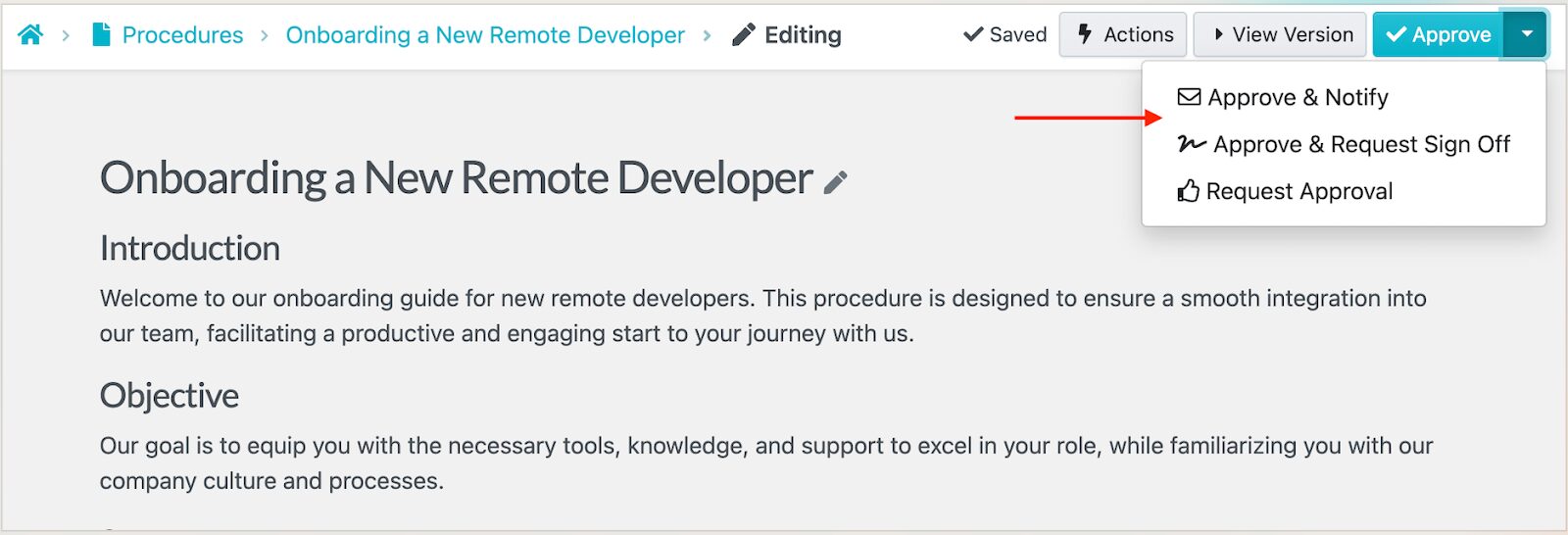 Once it's approved, the procedure goes live on the dashboard