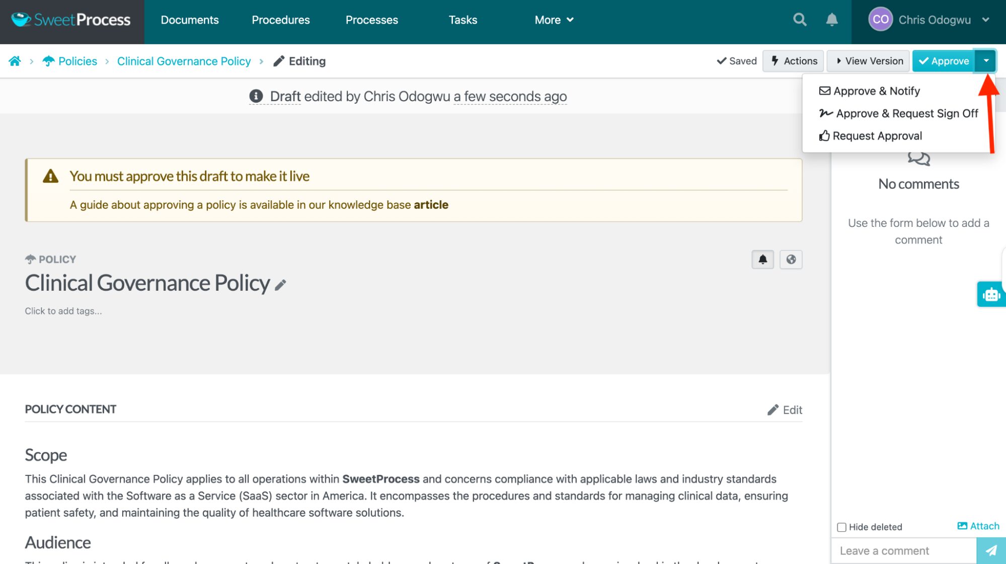 click the icon next to “Approve” to choose whether to approve it, request sign-off, or request approval.