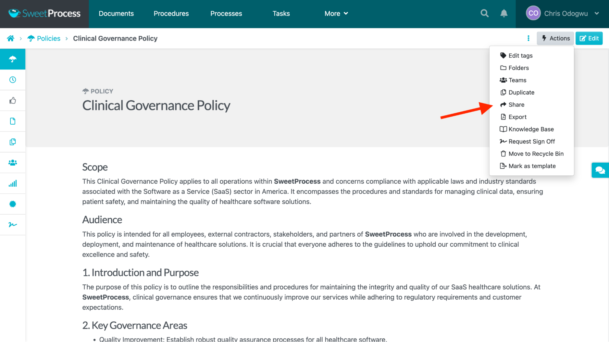 Select “Share” if you want to share the policy with individual team members.