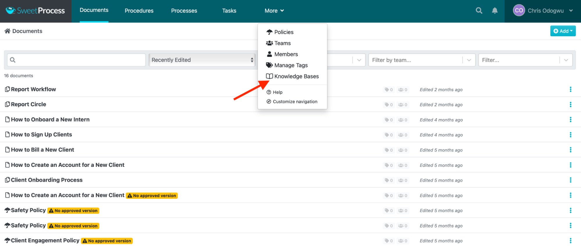 Click “More” at the top of the page and then click on “Knowledge Bases.”