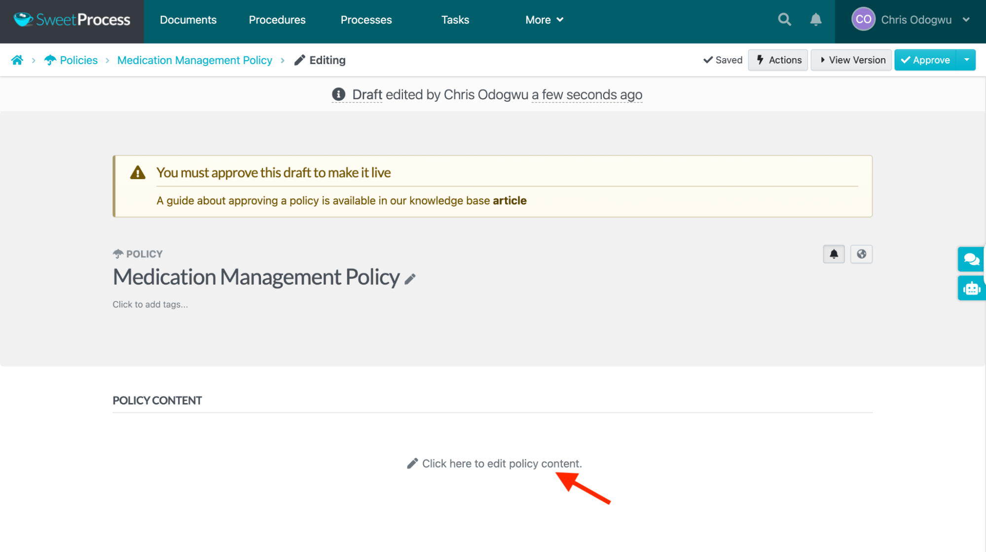 Select “Click here to edit policy content” to edit the document, if you want to.