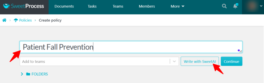 Give your policy a title, then click "Write with SweetAI."