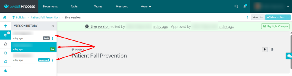 View the complete version history with timestamps and author names.