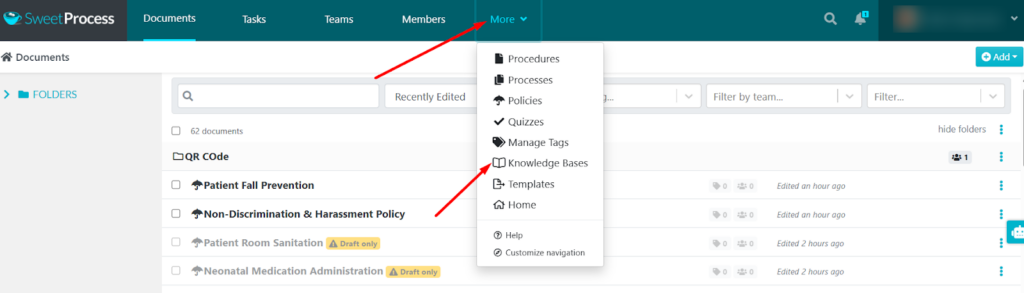 Click "More" and select "Knowledge Bases."