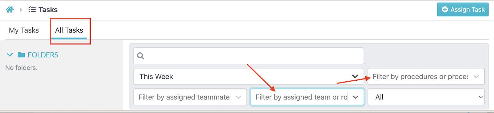 You can filter tasks by team or title to check progress.