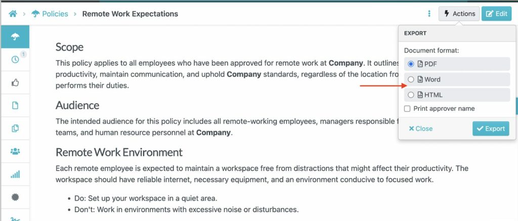 You can export your document as a Word document, PDF, or HTML file.