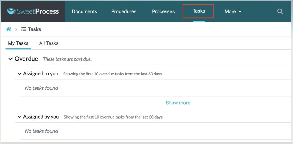 Sweetprocess Dashboard Interface showing how the user can manage all the progress from the “Tasks” menu
