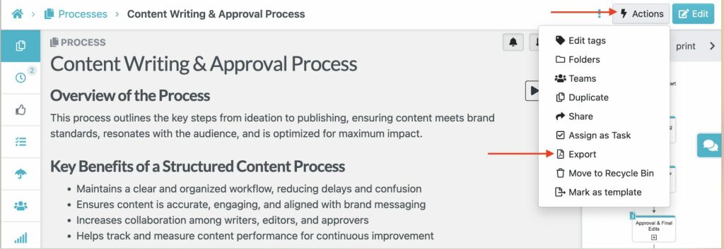 Sweetprocess Dashboard Interface showing how the user can export process document