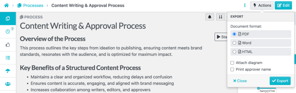 Sweetprocess Dashboard Interface showing how the user can export the process document