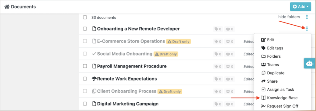 Sweetprocess Dashboard Interface showing how the user can add Company Documents to a Knowledge Base