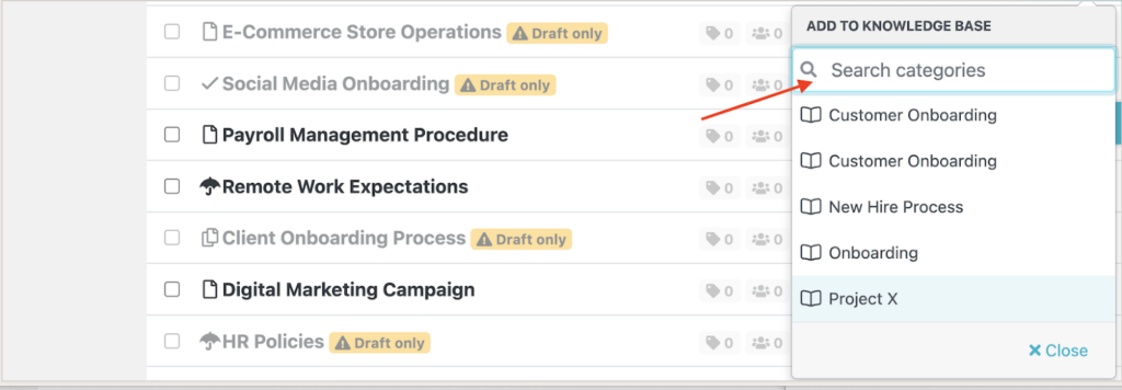 Sweetprocess Dashboard Interface showing how the user can add Company Documents to a Knowledge Base