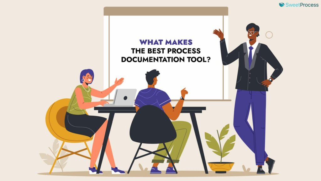 Illustrations with a board showing What Makes the Best Process Documentation Tool