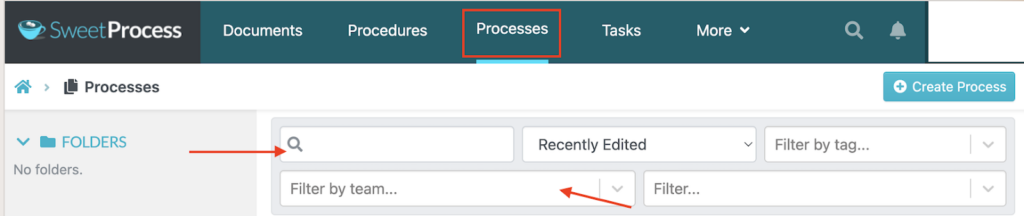SweetProcess Dashboard Interface showing how the user can filter their results to get a specific process