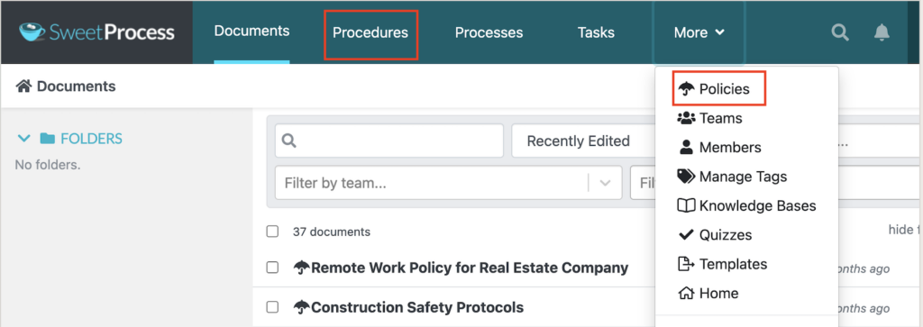 Sweetprocess Dashboard Interface showing how the user can navigate to create procedures and policies