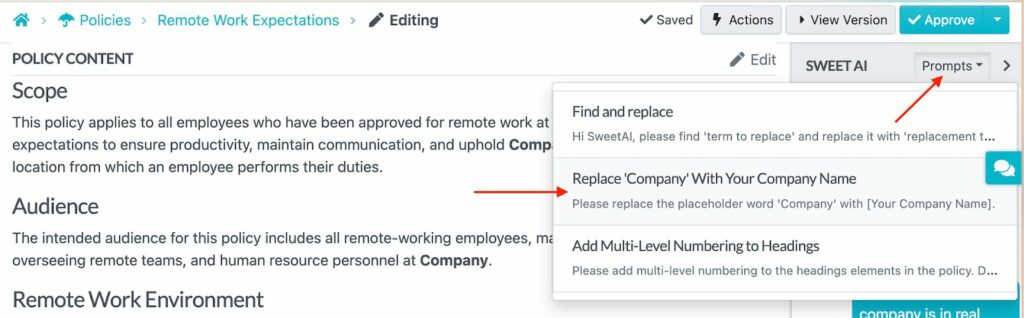 An Image showing how to us prompt inside sweetprocess account