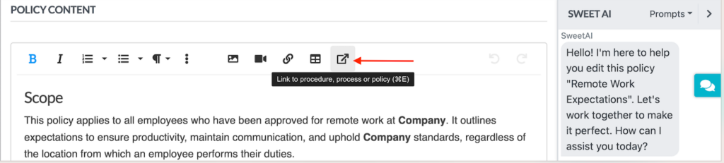 An Image showing how other employee handbook generation tools allow business owners to link related procedures to the policy inside the SweetProcess account