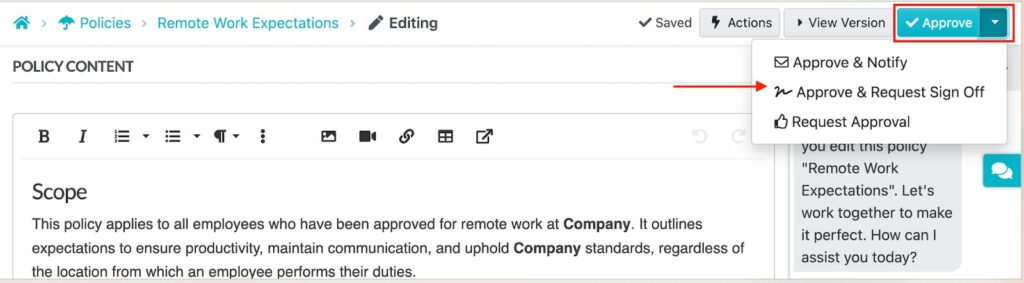 An Image showing how to approve and share the Employee Handbook With Your Team Members inside the SweetProcess account