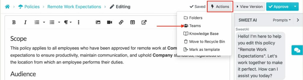 An Image showing how you can share the handbook directly with your employees after approval inside the SweetProcess account