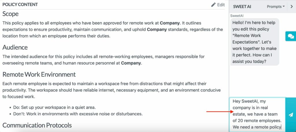 An Image showing how to generate core handbook sections with sweetAi inside the SweetProcess account.