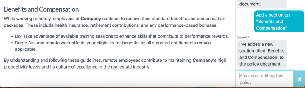 An Image showing how you can also add more details, such as benefits that employees are eligible for, using the SweetAI prompt inside the SweetProcess account.