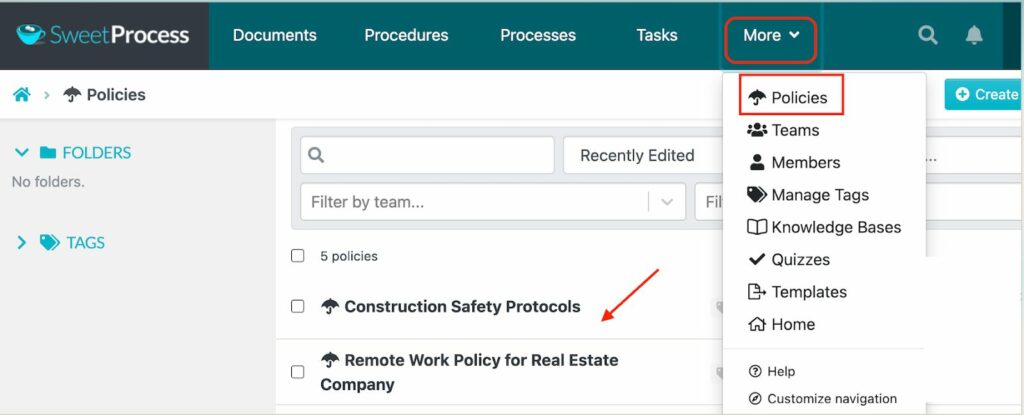 An Image showing how to manage multiple handbooks across teams and locations inside the SweetProcess account.
