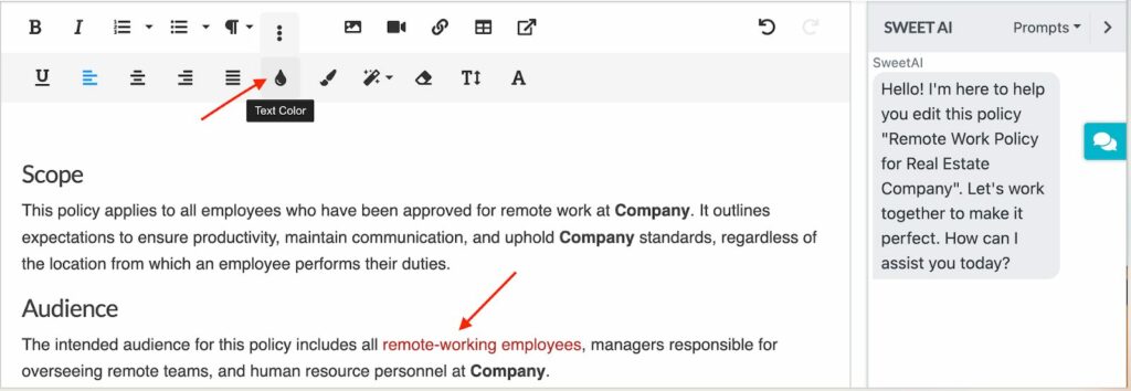 An Image showing how you can personalize the handbook content at locations inside the SweetProcess account.