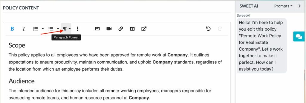 An Image showing how you can personalize the handbook content at locations inside the SweetProcess account.