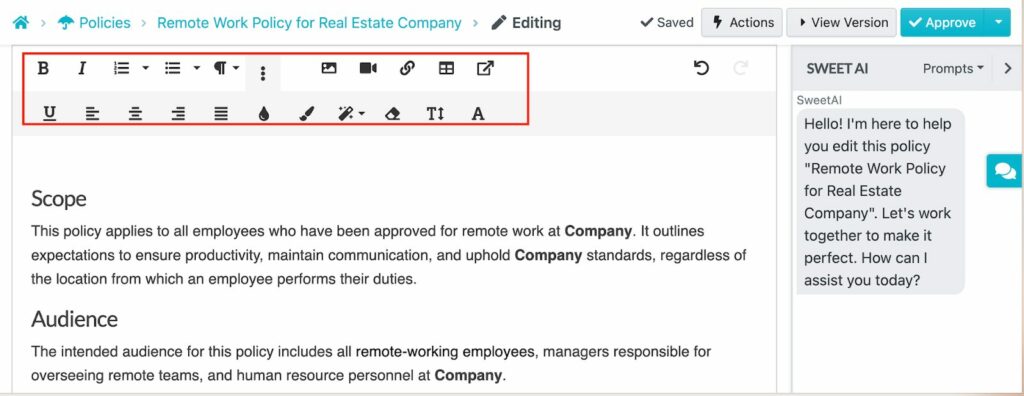 An Image showing how you can personalize the handbook content at locations inside the SweetProcess account.