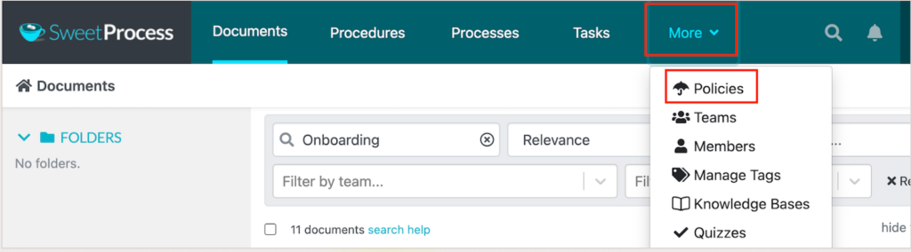 Image showing the sweetprocess account and how to navigates to the Policies section and starts the process