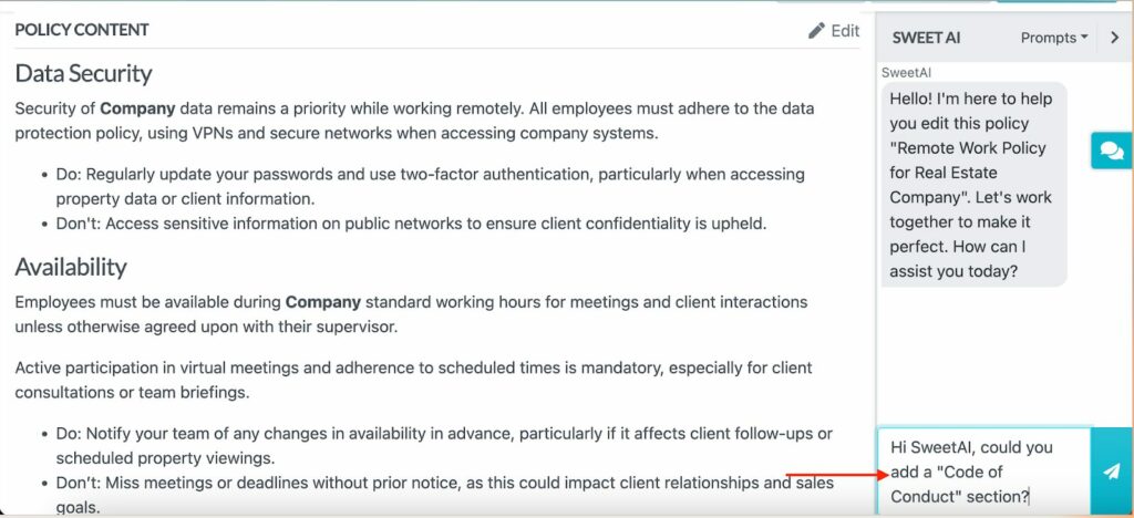 Image showing how to Review and Edit Your Policies using Sweetai inside sweetprocess account