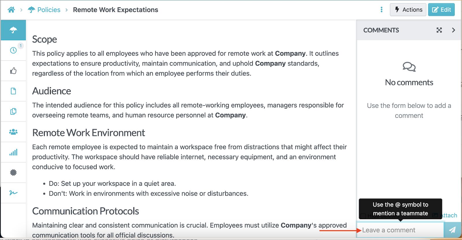 Leave comments on a document by tagging colleagues