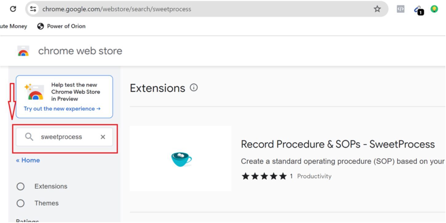 Search for "SweetProcess" in the web store's search bar
