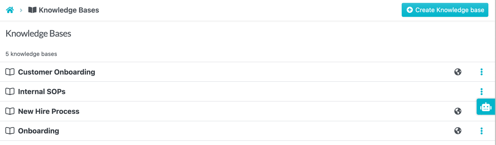 All knowledge bases are shown from the dashboard