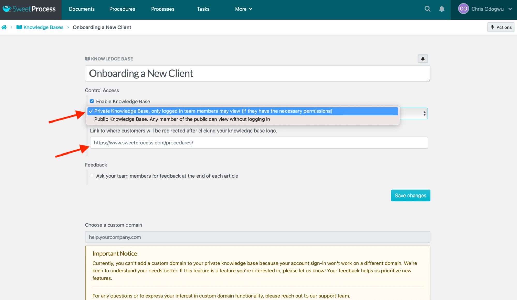 Enter the page URL to redirect users when clicking the knowledge base title.