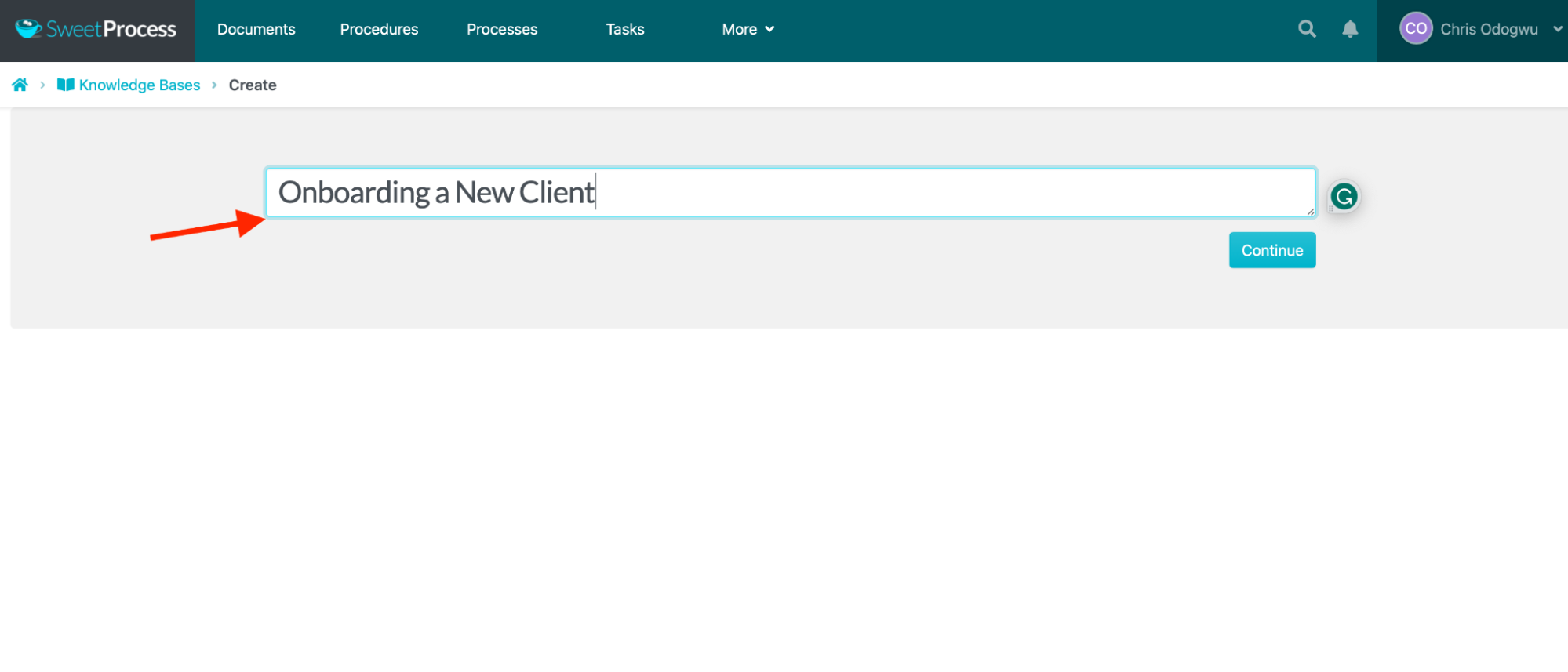 Write the knowledge base title and click “Continue.”